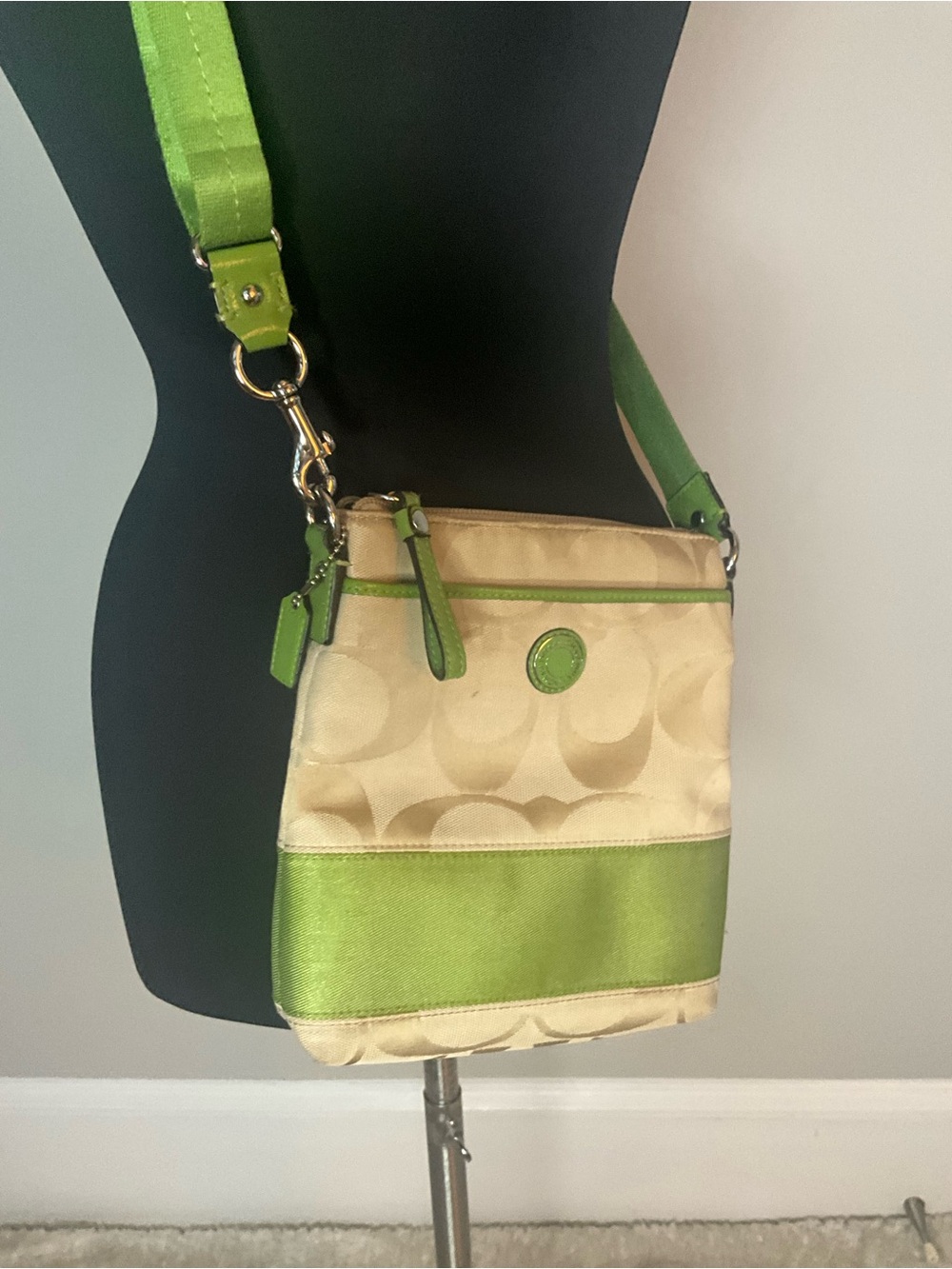 Coach Beige and Lime Green Signature Crossbody Bag